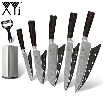 XYj Kitchen Cooking Knife Set Damascus Pattern Blade Color Wood Handle Knife with Knife Holder Black Peeler kitchen Tool
XYj Kitchen Cooking Knife Set Damascus Pattern Blade Color Wood Handle Knife with Knife Holder Black Peeler kitchen Tool