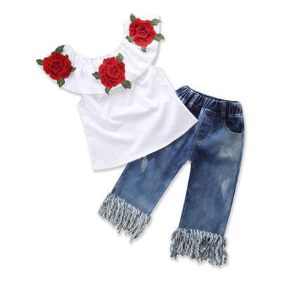 US 2PCS Toddler Kids Baby Girls Clothes Outfits T-shirt Tops Denim Jeans Pants