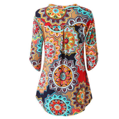 Womens Casual Irregular Printed Long Sleeve Blouse Loose Tunic Tops T-Shirt