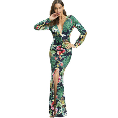 Plunging Neckline Tropical Print High Slit Maxi Dress 
Plunging Neckline Tropical Print High Slit Maxi Dress
