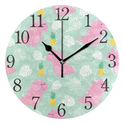 Wall Clock Arabic Numerals Design Pink Dinosaur With Pineapple Round
