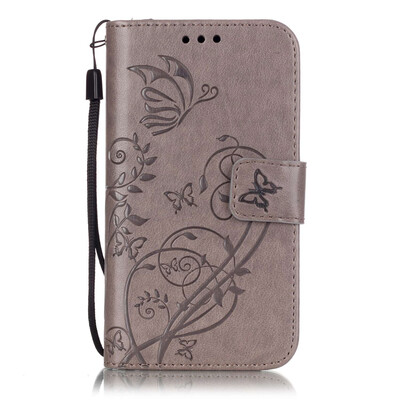 Gray Flower Design PU Leather Flip Cover Wallet Card Holder Case for SAMSUNG J1 ACE