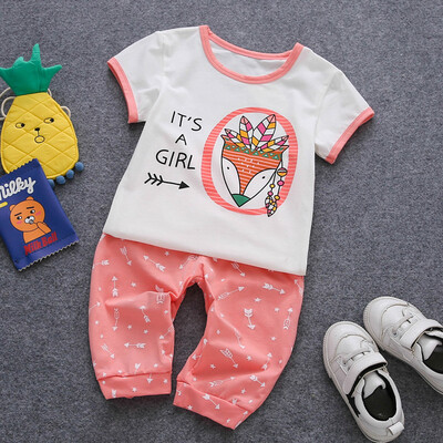 Ou Mai Beibei children 's clothing children' s pants harem pants children summer short - sleeved sets M0052 pink 100 yards