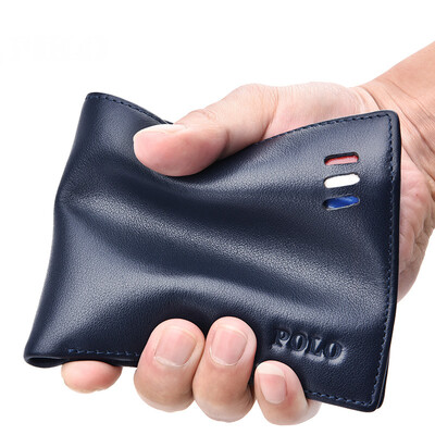 POLO Mens Wallet First Layer Leather Short Wallet Fashion Wallet 020811 Blue