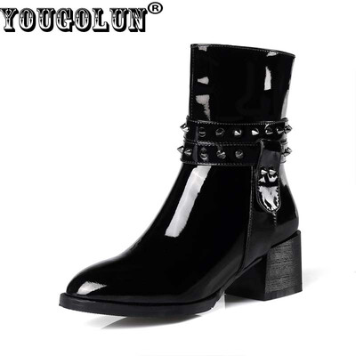 YOUGOLUN Women Ankle Boots Genuine Patent Leather Autumn Winter Black Rivets Pointed toe Mid Square Heel Shoes Y-170
YOUGOLUN Women Ankle Boots Genuine Patent Leather Autumn Winter Black Rivets Pointed toe Mid Square Heel Shoes Y-170