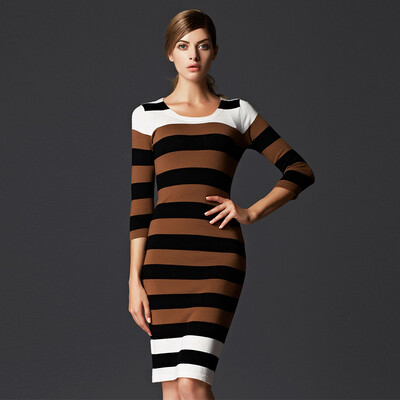Marc Rebecca Striped Knit Dress Slim Sleeve Skirt Coffee Striped