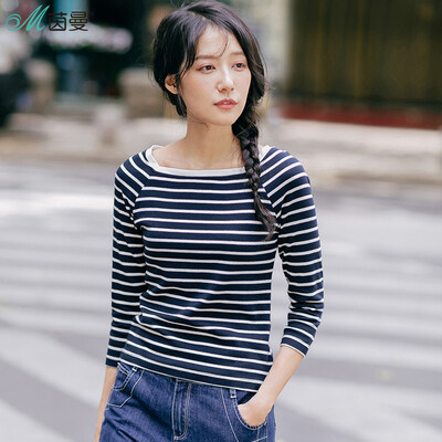 INMAN 2017 autumn new elastic stripes side collar seven sleeves casual T shirt shirt female F1873021474 blue&white strip
INMAN 2017 autumn new elastic stripes side collar seven sleeves casual T shirt shirt female F1873021474 blue&white strip