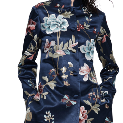 Chinese embroidered dark blue silk suit jacket