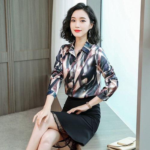 淳简长袖衬衫女新款2019夏秋真丝大码印花雪纺衬衣时尚职业修身缎面上衣休闲百搭显瘦衬衫女 光影 XL（适合100-110斤左右）