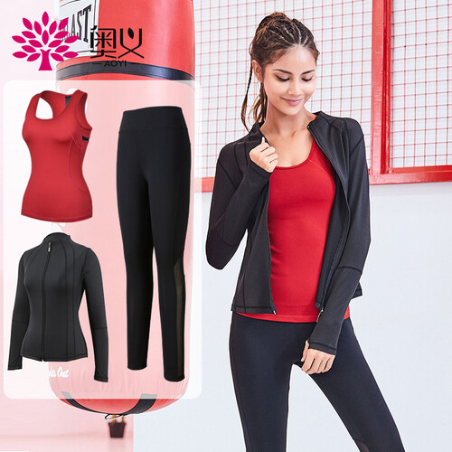 奥义瑜伽服套装 2019女健身房运动跑步内衣健身服背心运动长裤外套上衣（赠胸垫） 魅力红XL