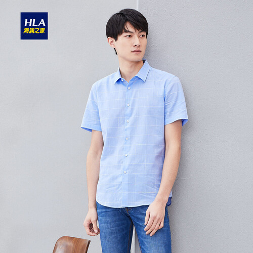 HLA海澜之家清新短袖休闲衬衫2019夏季舒适棉质格纹短衬男HNECJ2R008A 浅蓝格纹08 175/92A