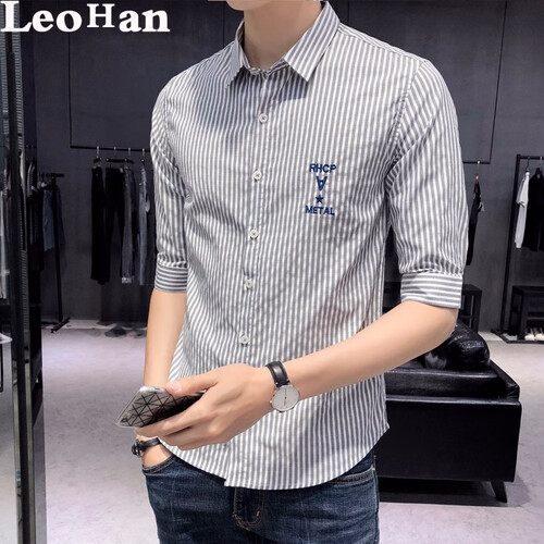 LeoHan短袖衬衫男修身韩版条纹男士衬衣潮流休闲五分袖男装夏季商务半袖 C5灰条纹 L（建议116-130斤）
