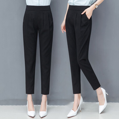 女裤夏薄款2019夏季新款休闲裤女装春秋款九分裤女士韩版黑色休闲裤子大码宽松哈伦裤小脚裤潮 黑色 L(28)