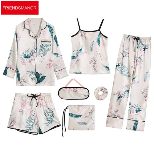 Friends Manor睡衣女夏七件套长袖短裤吊带南韩丝性感睡衣家居服套装 6506 L