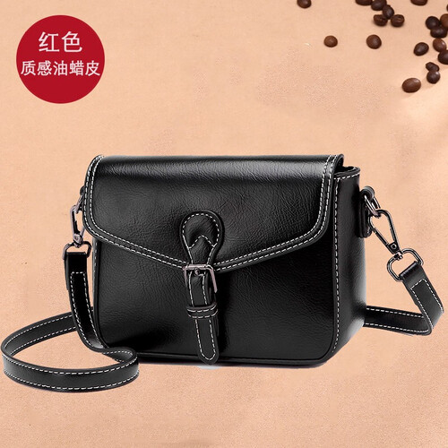 喵小姐新品 真皮女包2019新款油蜡牛皮单肩包女斜挎手提包小包包女简约时尚休闲日韩风小方包M8859 黑色