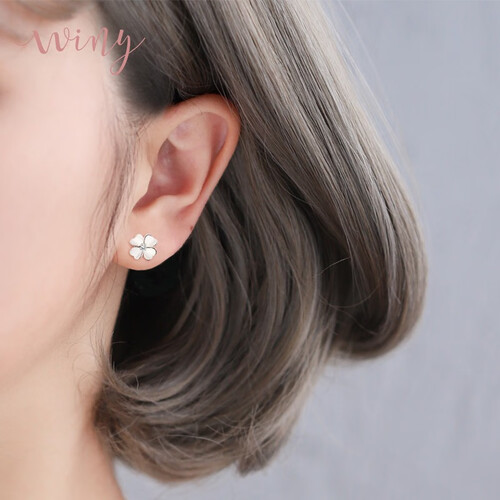 唯一（winy）S999纯银耳钉女时尚四叶草耳钉18k韩版简约耳坠网红水晶耳环节日礼物送女友 银色刻字（商家发货，默认申通，请备注刻字内容）