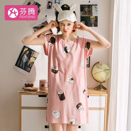 芬腾 2019年春夏新品个性图案圆领棉闺蜜短袖家居服女士睡衣睡裙X980A21482 粉色 XL