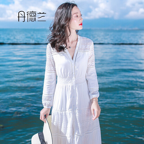 丹德兰潮牌沙滩裙女夏季巴厘岛普吉岛海边度假裙气质长裙仙白色蕾丝连衣裙 白色 AQ17A686 S