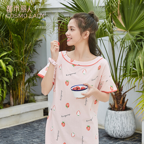 都市丽人睡衣女19春夏新品甜美印花裙圆领短袖 家居服睡衣2H9602 粉底草莓 L