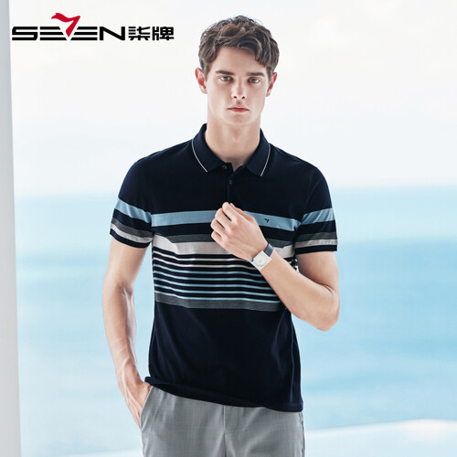 京东超市柒牌 SEVEN t恤男 柒牌短袖POLO衫男2019春夏新款纯色棉质翻领短袖t恤中青年116T50050 天蓝 180
