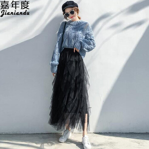 嘉年度 网纱半身裙2019春秋中长款纱裙高腰蕾丝纱网仙女蓬蓬百褶裙a字长裙子女夏858 黑色 均码
