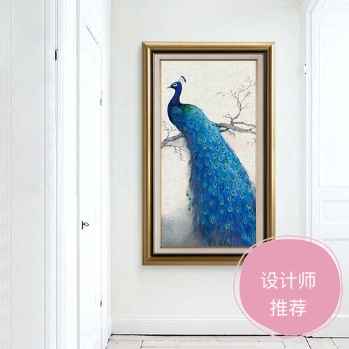 弦丝 欧式玄关装饰画发财树大幅竖版画过道走廊挂画招财风水壁画美式油画客厅画 孔雀-金色画框 外框尺寸74*124cm