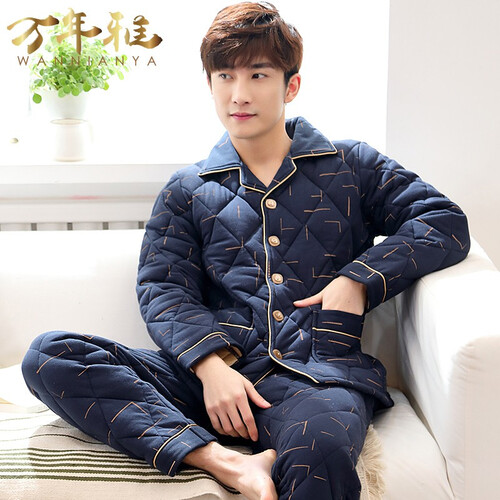 万年雅（Wannianya） 睡衣男冬季加厚纯棉男款秋冬款全棉夹棉加棉加大码男士家居服套装 6903纯棉夹棉 5XL（136CM胸围，270斤以下）