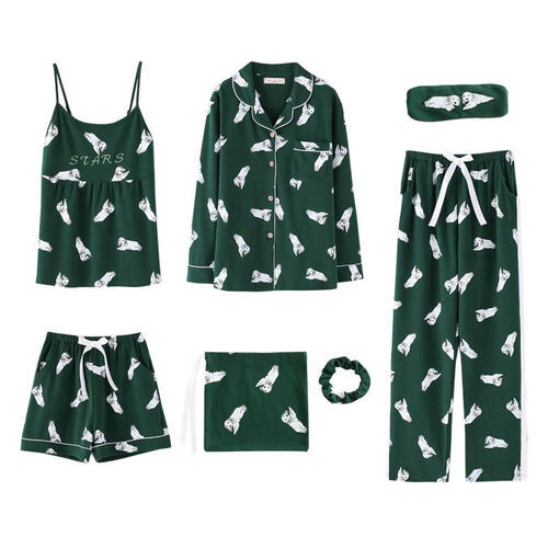 南极人七件套睡衣女草莓纯棉长袖春季夏季吊带家居服套装大码薄款甜美可爱 9003 XXL(建议140-160)