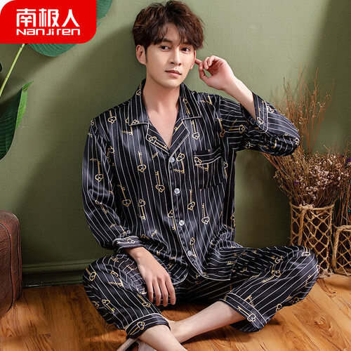 南极人睡衣男长袖春秋季仿真丝绸可外穿韩版休闲青年学生男士家居服套装NAS5X20051JD-12金锁黑灰XL
