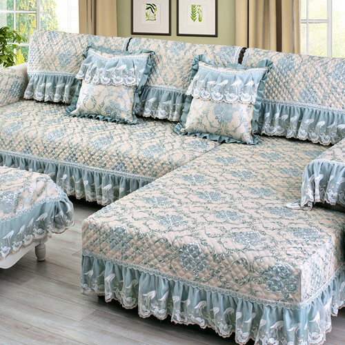 【冰河】 欧式沙发垫套装四季通用全包夏季坐垫子组合实木沙发套罩巾防滑 时宜-水蓝 66*80+18花边 一片