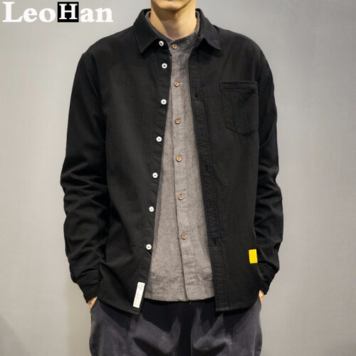 LeoHan长袖衬衫男士日系外套韩版潮流帅气修身男装青年春季加厚休闲衬衣 黑色 L（建议116斤-130斤）