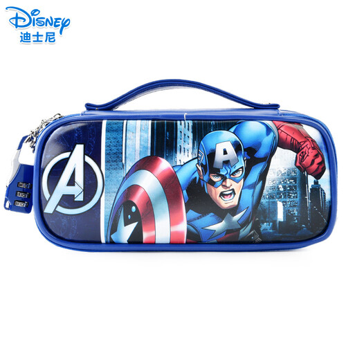 迪士尼（Disney）笔袋美国队长男童文具盒小学生铅笔盒 美国队长深蓝（带密码锁）