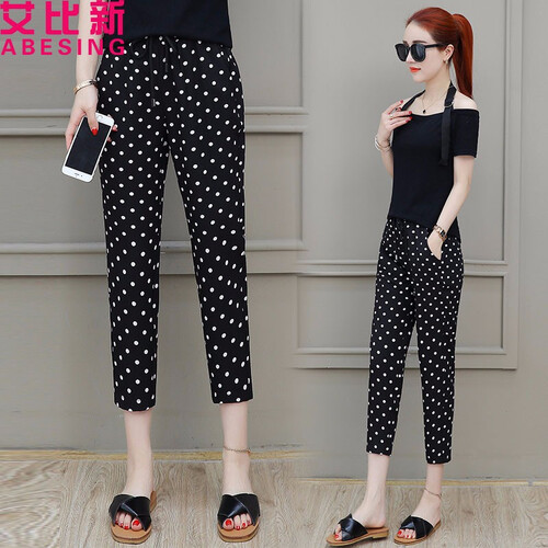 艾比新哈伦裤女夏季2019新款宽松薄款休闲直筒裤韩版显瘦百搭七分裤潮 黑底细点 XL