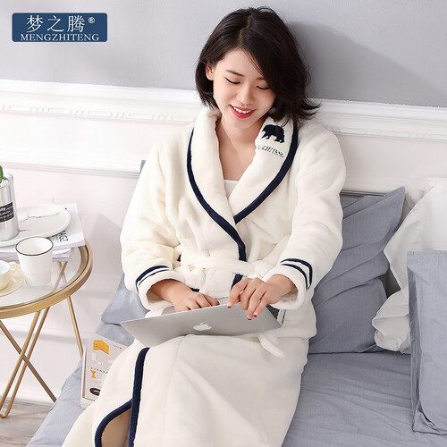 梦之腾秋冬季女士珊瑚绒睡衣加厚保暖法兰绒纯色浴袍长款绑带睡袍 3008女 L