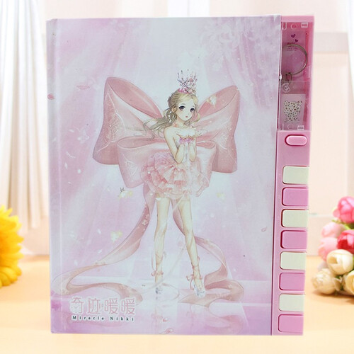 斯图(sitoo)带锁创意男女生密码本学生密码锁日记本儿童按键花花姑娘笔记本 奇迹暖暖蝴蝶结粉色