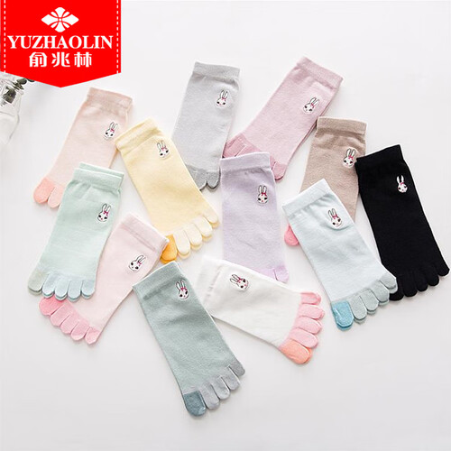 俞兆林五指袜女纯棉夏季薄款短筒女士棉袜浅口低帮可爱分脚趾袜子女短袜刺绣女袜 5双装兔刺绣袜 均码