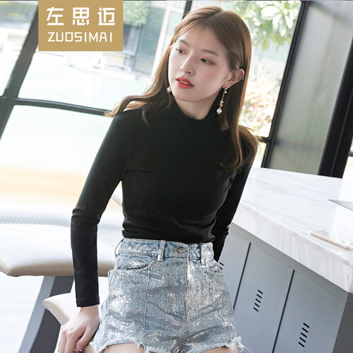左思迈2019秋冬长袖T恤女纯棉修身保暖半高领打底衫加绒加厚韩版学生上衣 【常规厚度--黑色】 M