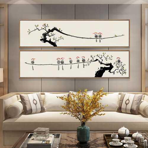 尚锦美舍 新中式床头装饰画客厅沙发背景墙挂画卧室禅意水墨画国画现代横版壁画枝鸟墙画 两联组合1（画芯编号：1、2） 宽130cm*高33cm（原木色木纹...