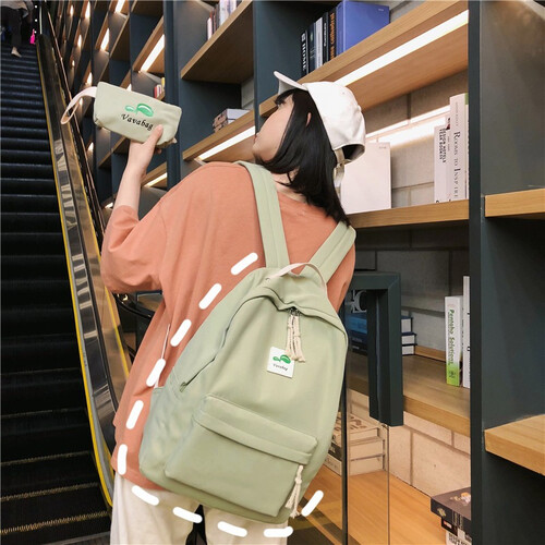 中学生书包女纯色简约大容量日系背包少女心小清新ins超火的双肩包大学生书包女纯色旅游包两件套 抹茶绿