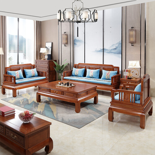 多子（dZ）全实木沙发组合古典家具新中式冬夏两用华梨木酒店别墅客厅家具 1+2+3+长茶几+方几