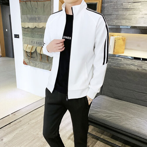 运动套装男外套2019秋冬新款休闲运动夹克衣服卫衣男跑步训练服 105-白色 3XL
