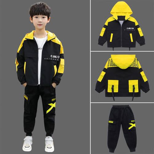 童装男童套装儿童运动两件套印花连帽卫衣2019春秋新款中大童小学生休闲外套小男孩子衣服休闲裤子套装 黄色 150 建议身高140左右