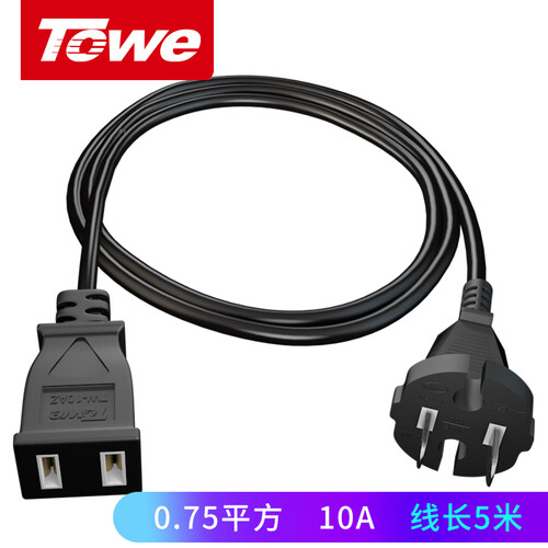同为（TOWE）10A两芯电源延长线二插头电风扇电动车充电加长线插座接线板5米