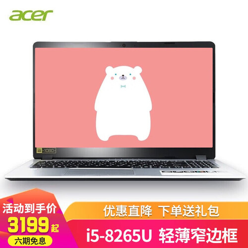 宏碁(Acer)宏基蜂鸟fun微边框金属轻薄本15.6英寸商务办公学生手提便携笔记本电脑 银色i5-8265U四核 核芯显卡 金属轻薄本 8GB内存 128G固态+1TB机械 定制