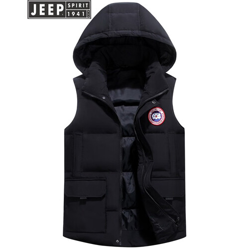 吉普JEEP羽绒马甲男2019秋冬季新款多口袋时尚休闲马夹宽松羽绒服背心坎肩可拆卸帽保暖外套 黑色 L/175