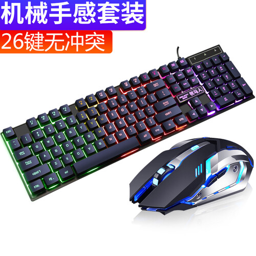 暴狼客游戏发光键盘鼠标套装(机械手感键鼠套装 lol吃鸡游戏键盘 usb台式机笔记本键盘) 牧马人彩虹背光键盘黑色+X700金属加重鼠标黑色