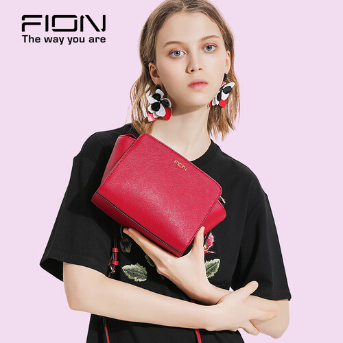 FION菲安妮新款牛皮女包 女士单肩包女斜挎包女 时尚简约多色翅膀包女 枣红色