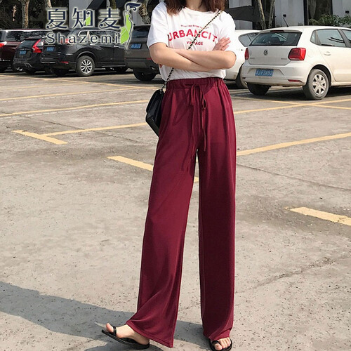 夏知麦 休闲裤女2019春夏新品百褶阔腿裤女裤松紧高腰夏季新款宽松休闲裤雪纺拖地坠感直筒长裤 608 酒红 均码(适合80-140斤)