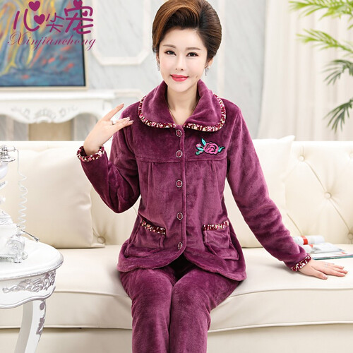 心尖宠秋冬季妈妈睡衣女法兰绒中年妇女加厚珊瑚绒家居服冬天长袖老人保暖套装大码 YQM-883#紫色 女款L码105-125斤