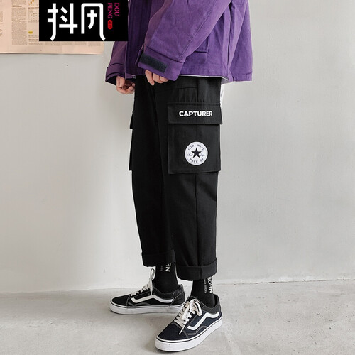抖风 工装裤男2019秋季新款韩版大口袋直筒裤宽松潮流哈伦裤INS潮牌阔腿老爹裤青少年学生休闲裤长裤 黑色 M